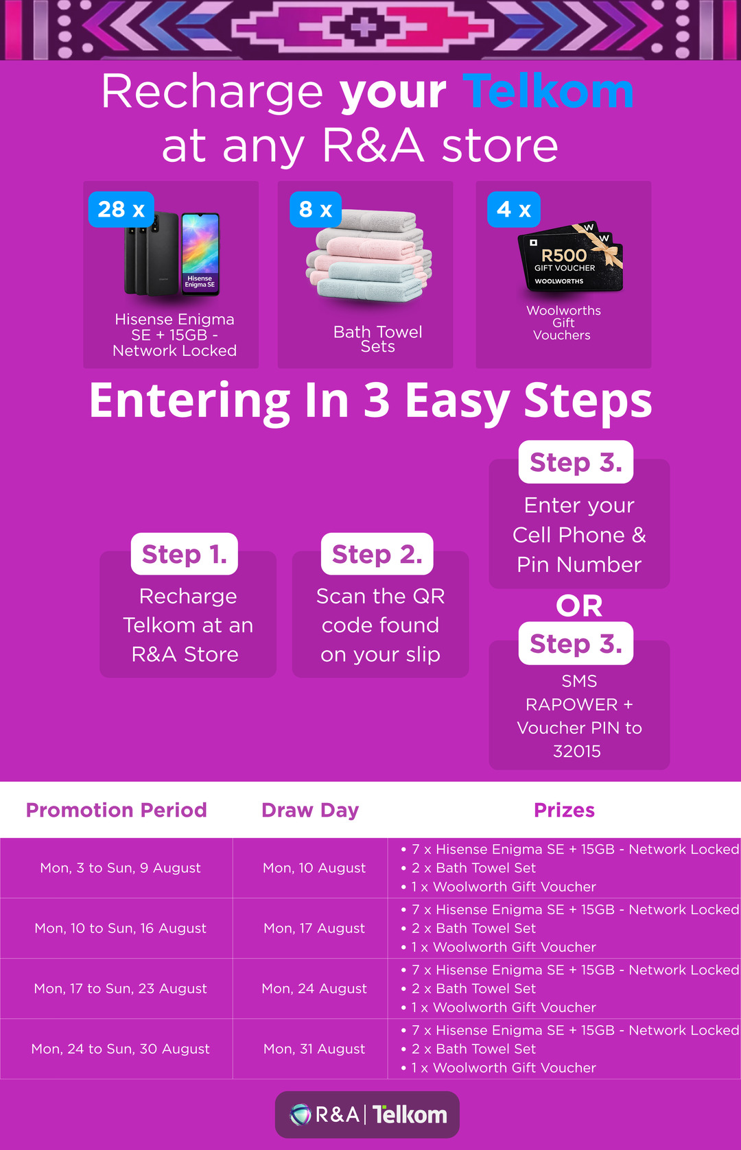Recharge your Telkom at any R&A store. Prizes, the 3 easy entry steps, and the weekly promotion periods and draw days for 3 to 30 August 2026.